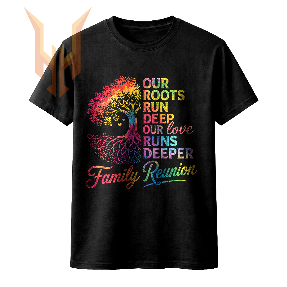 A creative half-tree our roots run deep png featuring a rainbow gradient tree of life and stacked family reunion text.