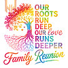 A creative half-tree our roots run deep png featuring a rainbow gradient tree of life and stacked family reunion text.