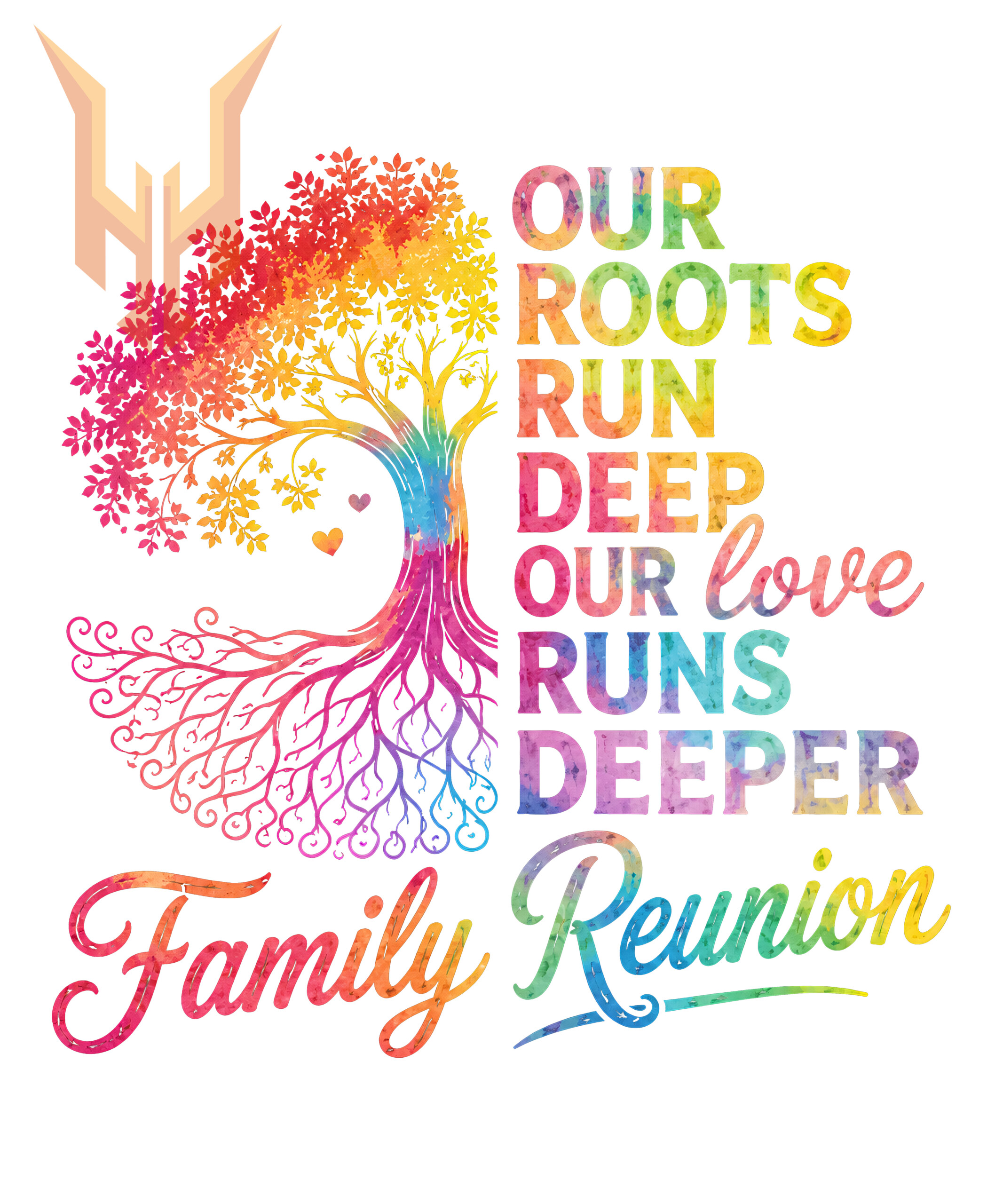 A creative half-tree our roots run deep png featuring a rainbow gradient tree of life and stacked family reunion text.