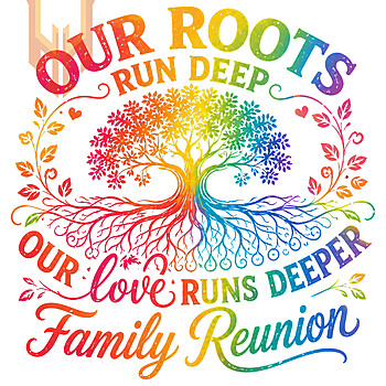 A colorful rainbow tree of life our roots run deep png design featuring intricate roots and distressed family reunion text on a black background.