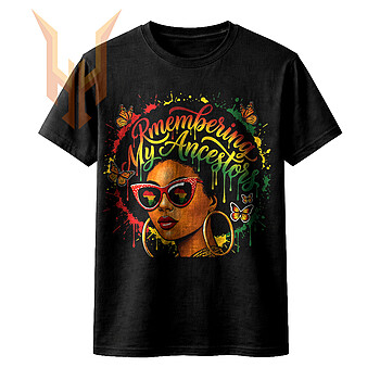 A vivid remembering my ancestors png featuring a beautiful Black woman with an afro, red glasses reflecting the African continent, and vibrant paint splatters.