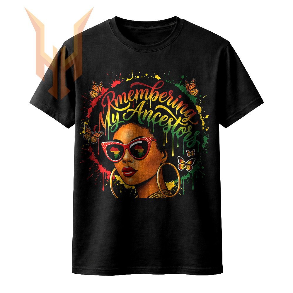 A vivid remembering my ancestors png featuring a beautiful Black woman with an afro, red glasses reflecting the African continent, and vibrant paint splatters.