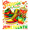 A vibrant urban illustration of Pan-African colored sneakers and an 1865 iced drink for this steppin into juneteenth png design.