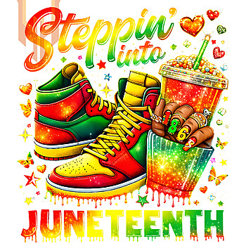 A vibrant urban illustration of Pan-African colored sneakers and an 1865 iced drink for this steppin into juneteenth png design.