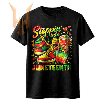 A vibrant urban illustration of Pan-African colored sneakers and an 1865 iced drink for this steppin into juneteenth png design.