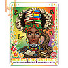 A vibrant tarot card style illustration of an Afrocentric woman with roots and books on her head for the crowned wisdom png design.