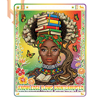 A vibrant tarot card style illustration of an Afrocentric woman with roots and books on her head for the crowned wisdom png design.