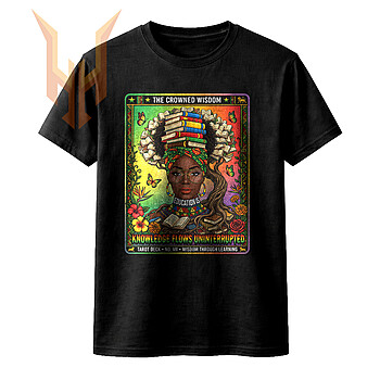 A vibrant tarot card style illustration of an Afrocentric woman with roots and books on her head for the crowned wisdom png design.