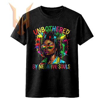 A vibrant drip art illustration of an afro woman wearing Pan-African sunglasses with the quote for this unbothered by negative souls png design.