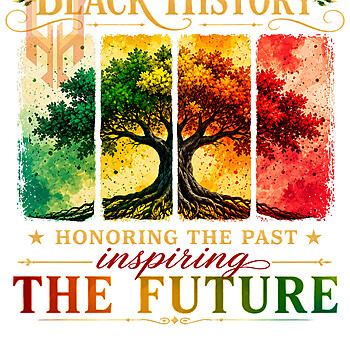 A beautifully distressed four-panel illustration of a rooted tree in Pan-African colors, highlighting this vintage black history tree png design.