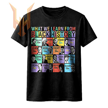 A vibrant 90s grid t-shirt design featuring the quote what we learn from black history for the ultimate vintage black leaders png download.