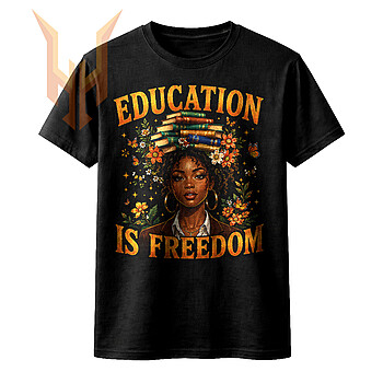 A stunning golden illustration of a Black woman wearing a blazer and balancing books on her head among flowers, highlighting the vintage education is freedom png design.