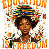 A stunning golden illustration of a Black woman wearing a blazer and balancing books on her head among flowers, highlighting the vintage education is freedom png design.