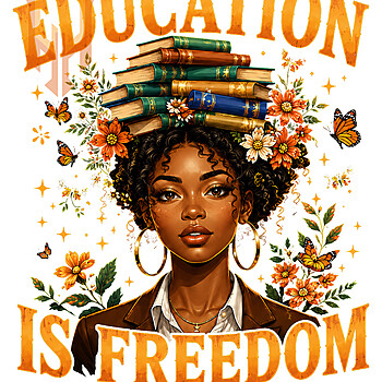A stunning golden illustration of a Black woman wearing a blazer and balancing books on her head among flowers, highlighting the vintage education is freedom png design.