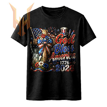 A rustic wooden cross with the Statue of Liberty and fireworks in this god bless america 2026 png design