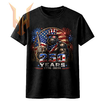 A highly detailed, muscular patriotic beast wearing an Uncle Sam hat and flag sunglasses celebrating with fireworks in this 250 years 1776 2026 gorilla png design.