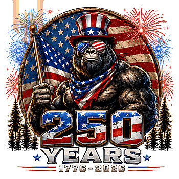 A highly detailed, muscular patriotic beast wearing an Uncle Sam hat and flag sunglasses celebrating with fireworks in this 250 years 1776 2026 gorilla png design.