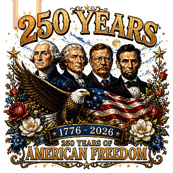 A majestic vintage illustration of four US presidents, a bald eagle, and the American flag, available as the 250 years american freedom png for digital download.