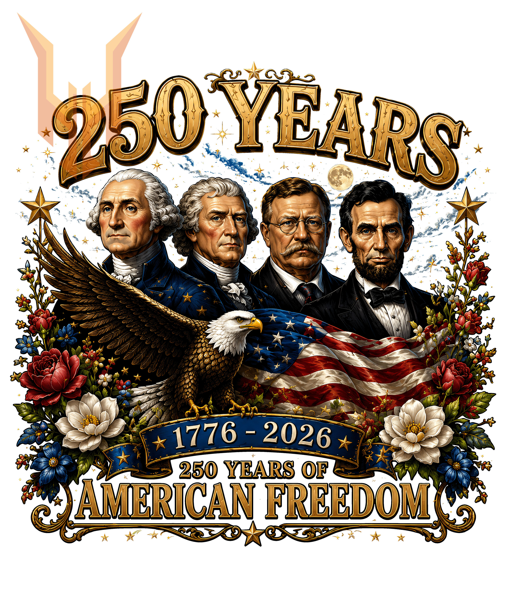 A majestic vintage illustration of four US presidents, a bald eagle, and the American flag, available as the 250 years american freedom png for digital download.