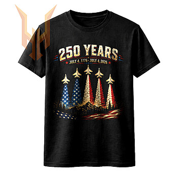 Vintage distressed graphic of fighter jets flying over mountains with American flag trails, featuring the 250 years july 4th 2026 png text.