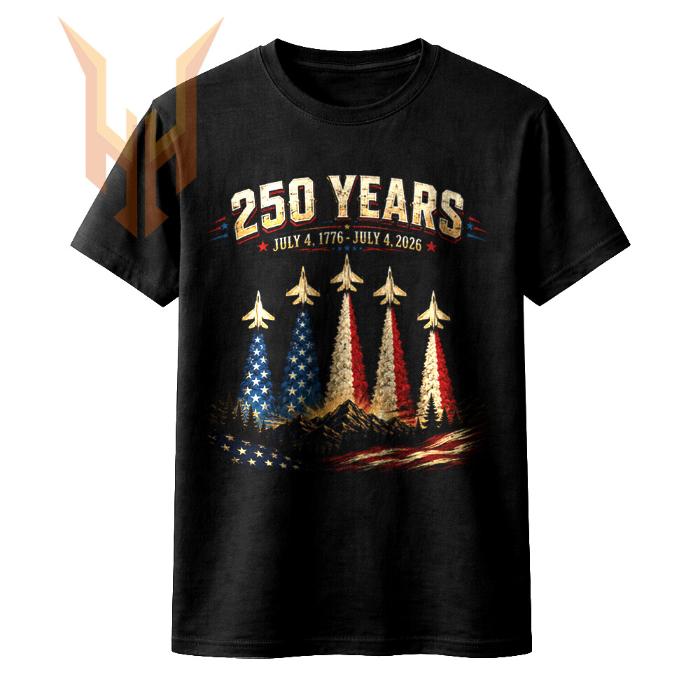 Vintage distressed graphic of fighter jets flying over mountains with American flag trails, featuring the 250 years july 4th 2026 png text.