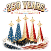 Vintage distressed graphic of fighter jets flying over mountains with American flag trails, featuring the 250 years july 4th 2026 png text.
