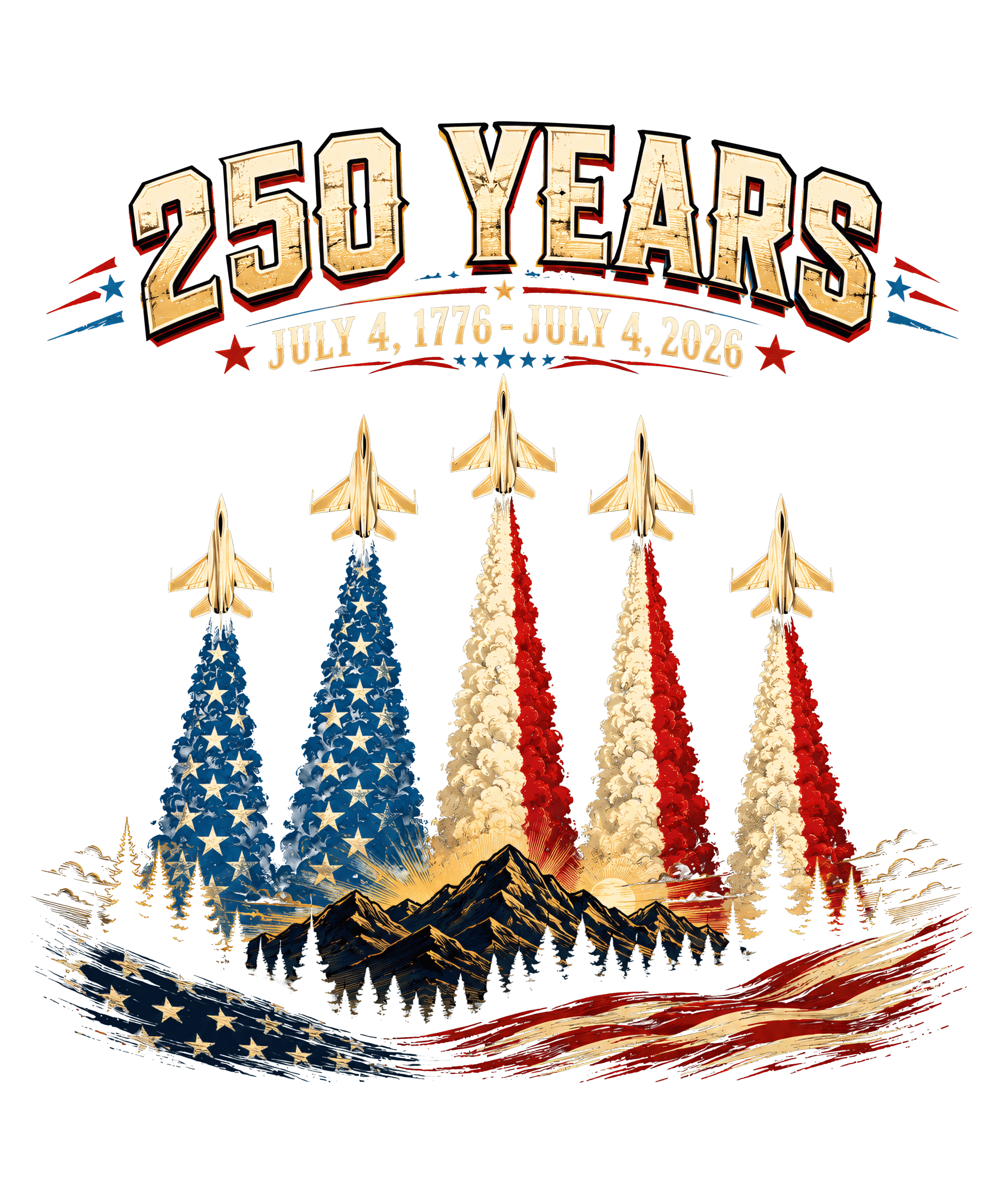 Vintage distressed graphic of fighter jets flying over mountains with American flag trails, featuring the 250 years july 4th 2026 png text.