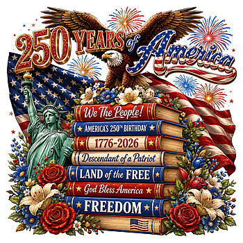A vintage illustration of a soaring eagle, Statue of Liberty, and patriotic books celebrating in this 250 years of america png design.