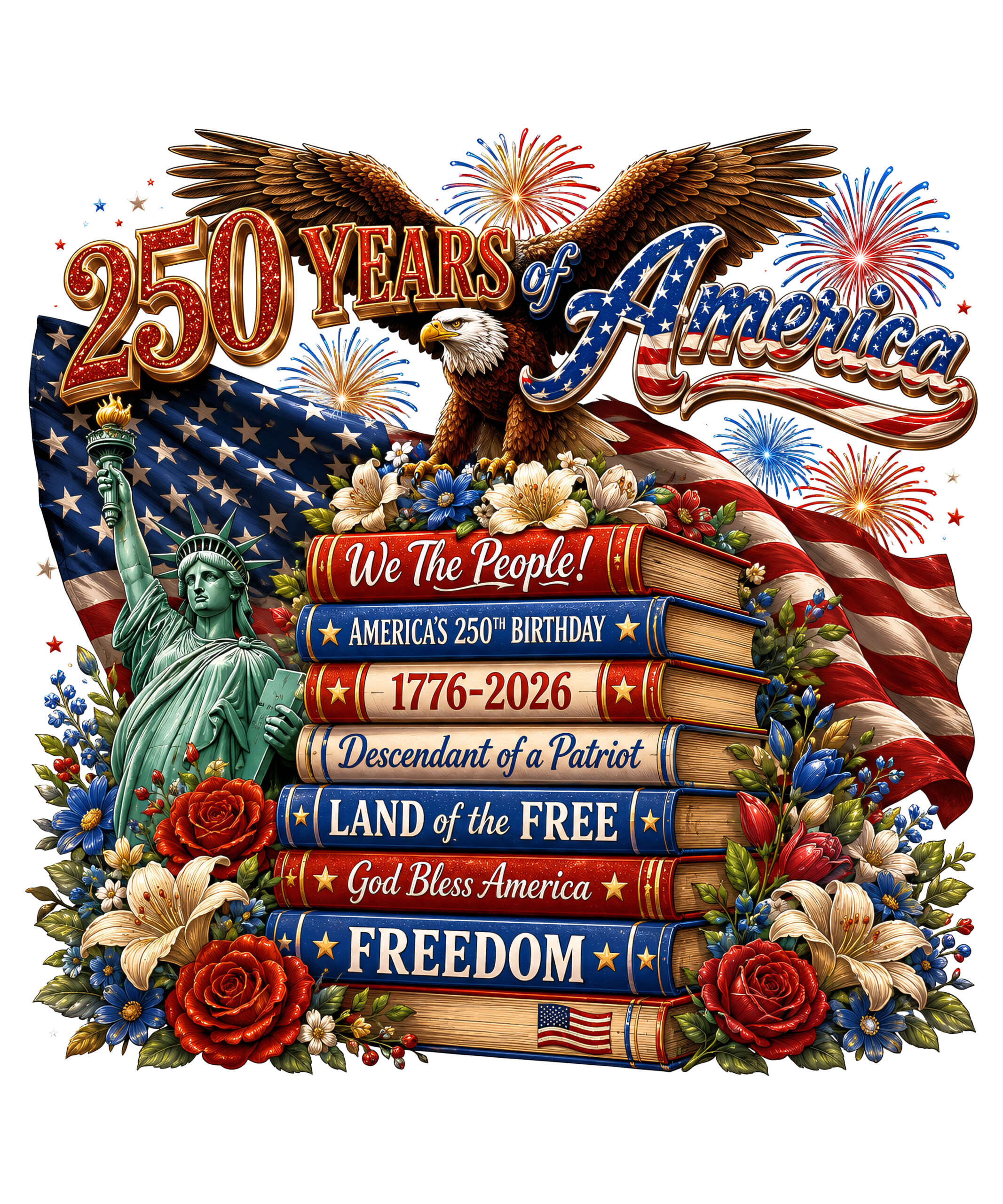 A vintage illustration of a soaring eagle, Statue of Liberty, and patriotic books celebrating in this 250 years of america png design.