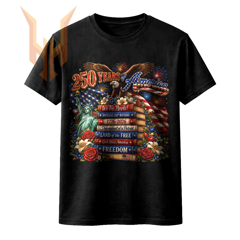 A vintage illustration of a soaring eagle, Statue of Liberty, and patriotic books celebrating in this 250 years of america png design.
