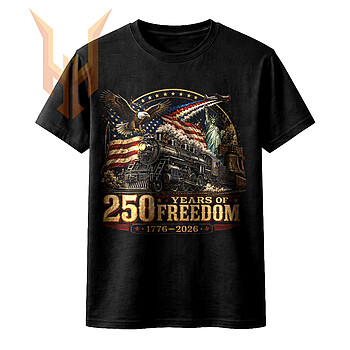 A highly detailed vintage illustration of a steam train, bald eagle, and flag for the 250 years of freedom 1776-2026 png design.