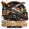 A highly detailed vintage illustration of a steam train, bald eagle, and flag for the 250 years of freedom 1776-2026 png design.