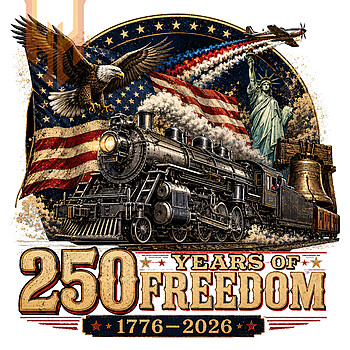 A highly detailed vintage illustration of a steam train, bald eagle, and flag for the 250 years of freedom 1776-2026 png design.
