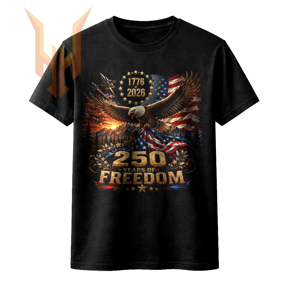 A majestic soaring eagle with fighter jets and an American flag in this 250 years of freedom png design.