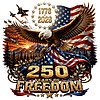 A majestic soaring eagle with fighter jets and an American flag in this 250 years of freedom png design.