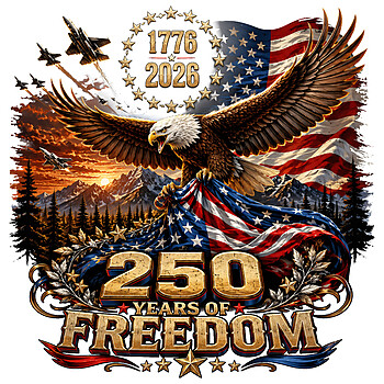 A majestic soaring eagle with fighter jets and an American flag in this 250 years of freedom png design.