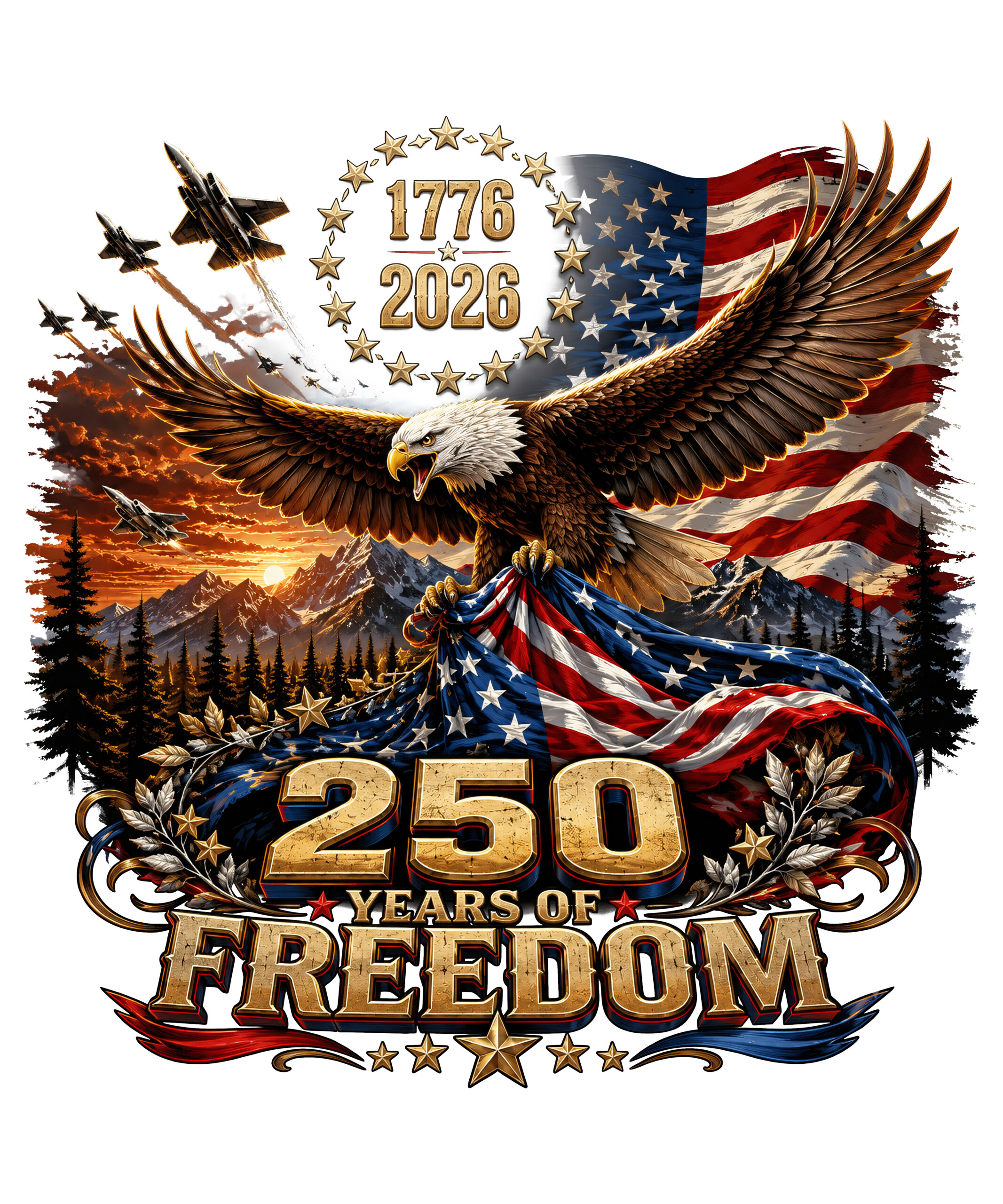 A majestic soaring eagle with fighter jets and an American flag in this 250 years of freedom png design.