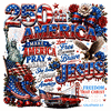 A vintage patriotic collage featuring an eagle, a classic car, and scripture in this 250th america jesus png design.