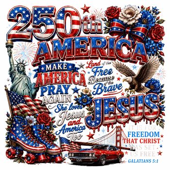 A vintage patriotic collage featuring an eagle, a classic car, and scripture in this 250th america jesus png design.