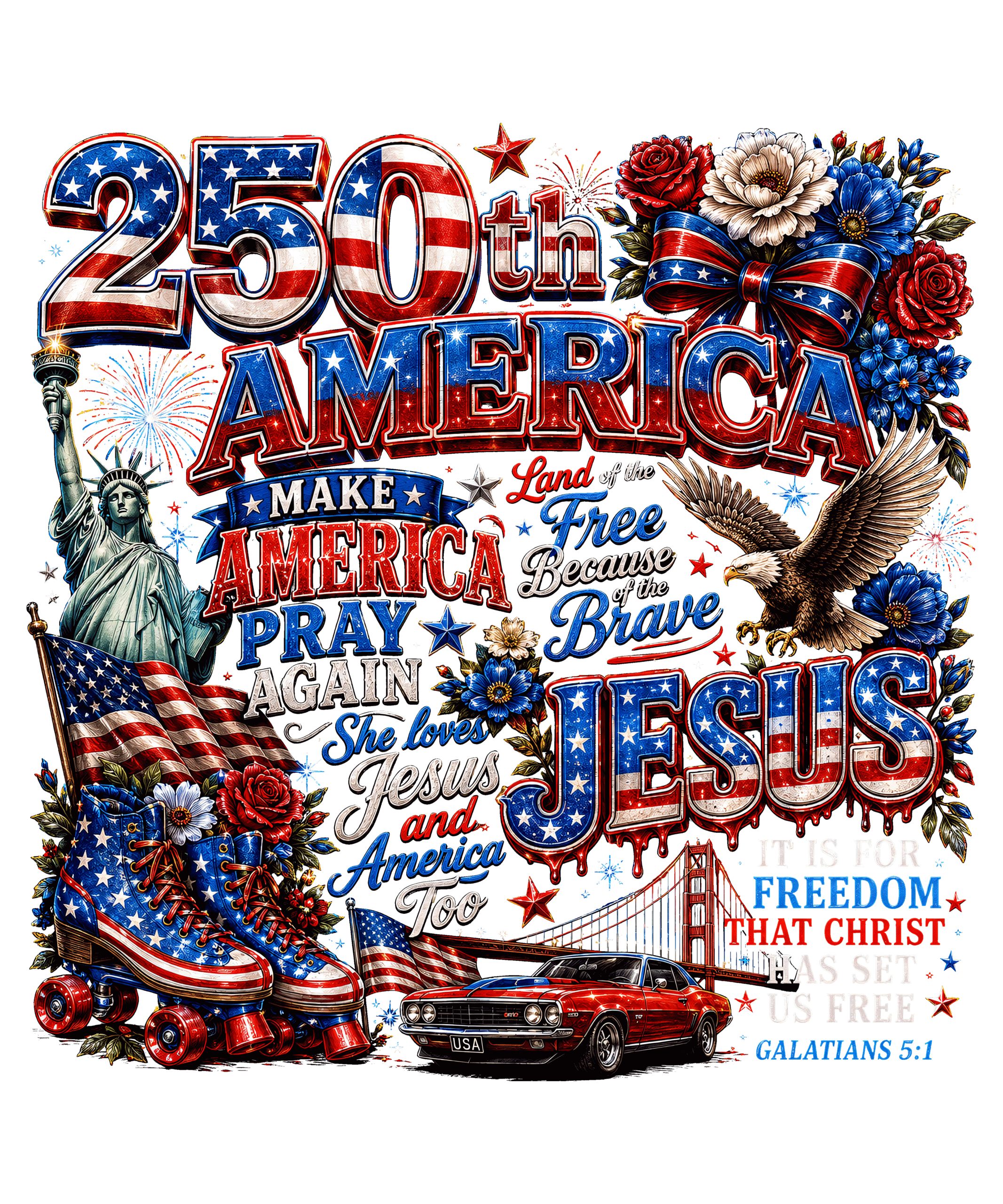 A vintage patriotic collage featuring an eagle, a classic car, and scripture in this 250th america jesus png design.
