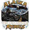 A gritty alaska biker skull png featuring a skeleton rider, soaring eagle, and cold mountains for custom apparel design.