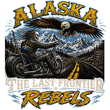 A gritty alaska biker skull png featuring a skeleton rider, soaring eagle, and cold mountains for custom apparel design.