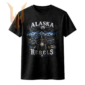 A gritty alaska rebels biker png design featuring a skull rider, soaring eagle, and mountain peaks for custom apparel.