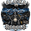 A gritty alaska rebels biker png design featuring a skull rider, soaring eagle, and mountain peaks for custom apparel.