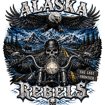 A gritty alaska rebels biker png design featuring a skull rider, soaring eagle, and mountain peaks for custom apparel.