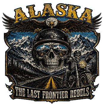 A gritty alaska skull biker png design featuring a skeletal rider, eagle, and snowy peaks for bold custom apparel.