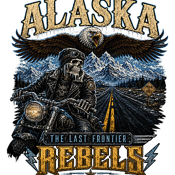 A gritty alaska skull biker png design featuring a skeletal rider, soaring eagle, and snowy peaks for bold custom apparel.