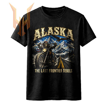 A gritty alaska skull biker png design showing a skeletal rider, eagle, and snowy peaks for bold custom apparel.
