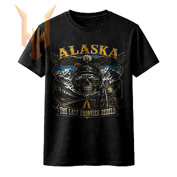 A gritty alaska skull biker png design featuring a skeletal rider, eagle, and snowy peaks for bold custom apparel.
