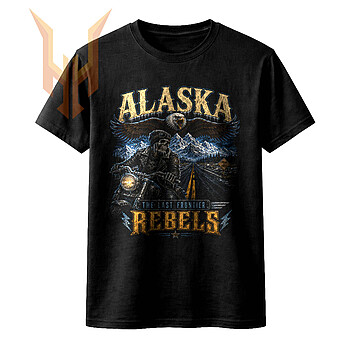 A gritty alaska skull biker png design featuring a skeletal rider, soaring eagle, and snowy peaks for bold custom apparel.